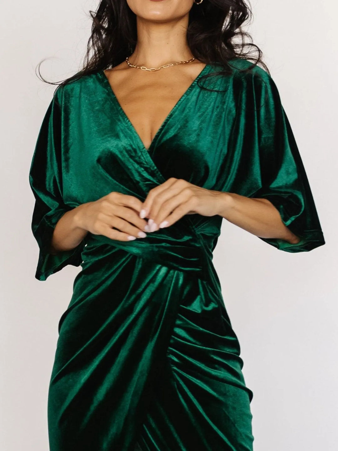 Ruched velvet wrap midi dress with surplice v-neck