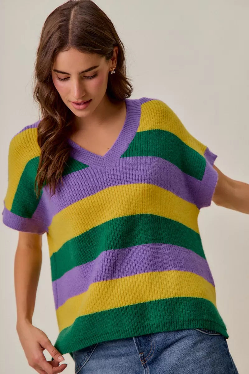 Ribbed striped V-neck short sleeve sweater top