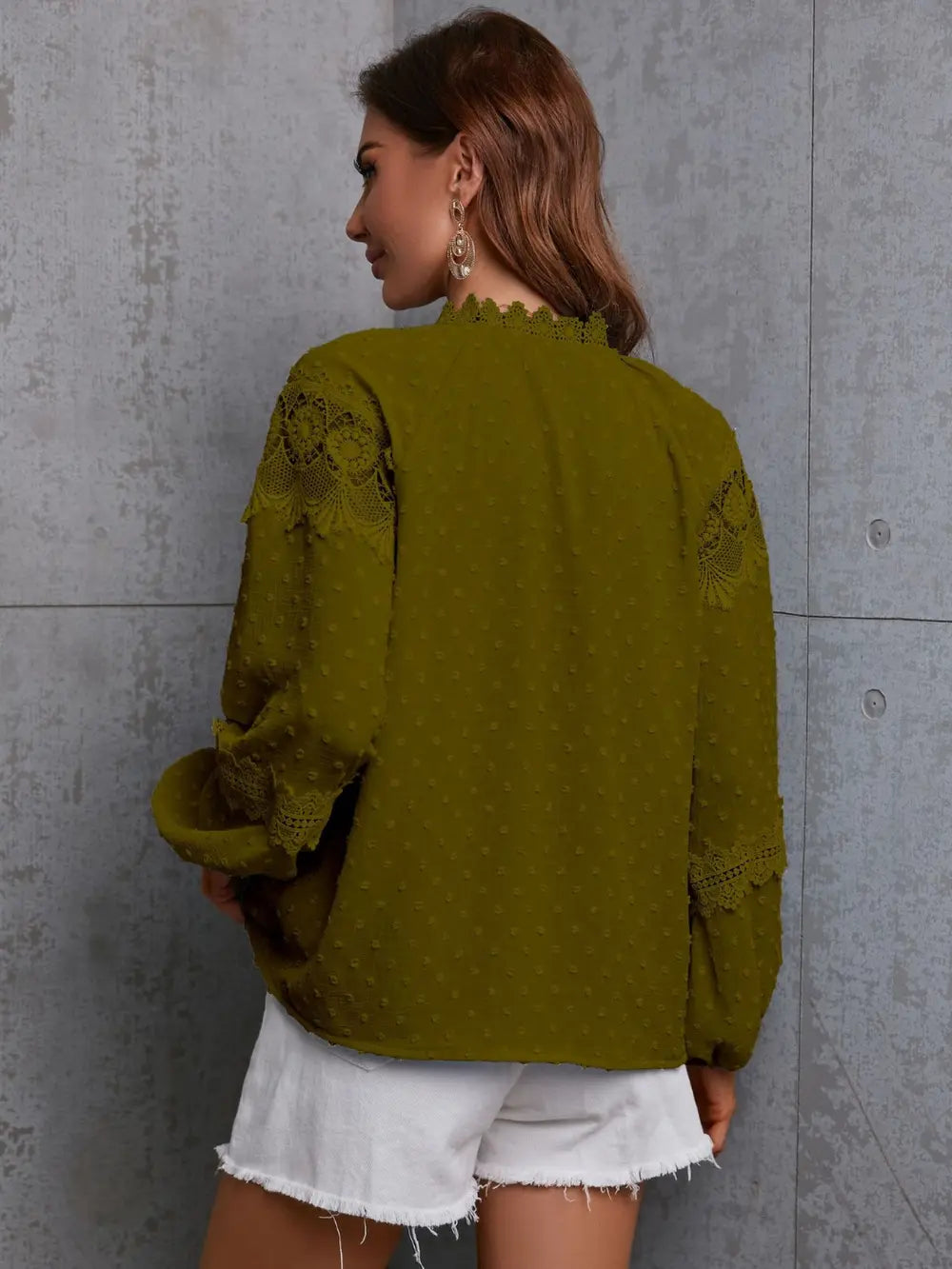 Crochet trim swiss dot tie-neck long sleeve blouse
