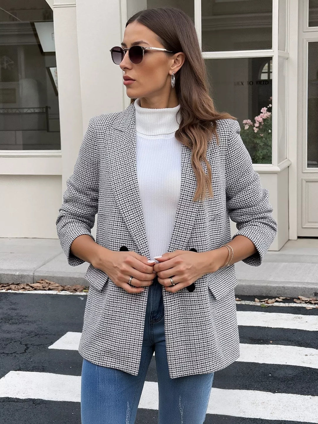 Micro houndstooth flap-pocket blazer with padded shoulders