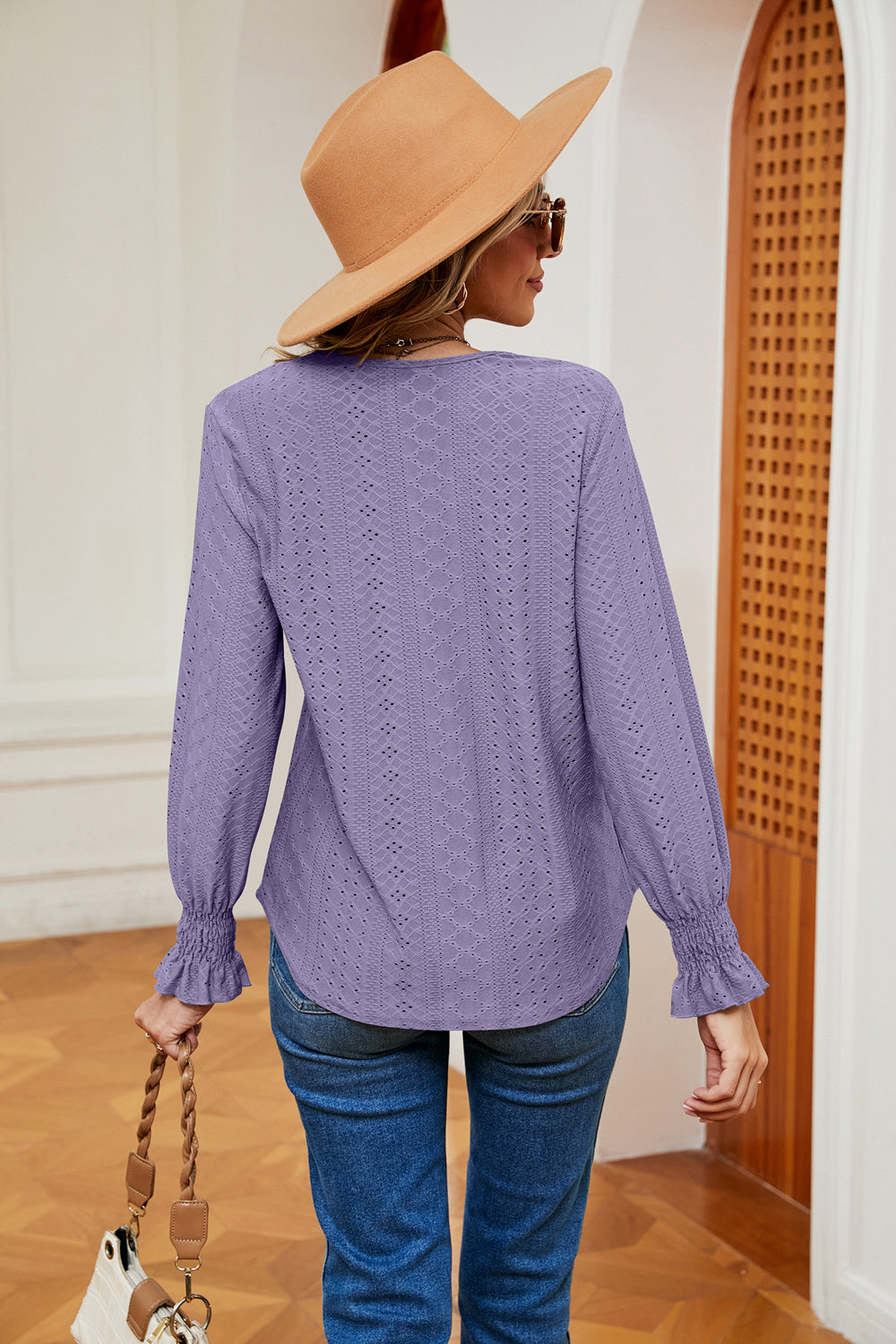 Contrast crochet V-neck eyelet blouse with flounce cuffs