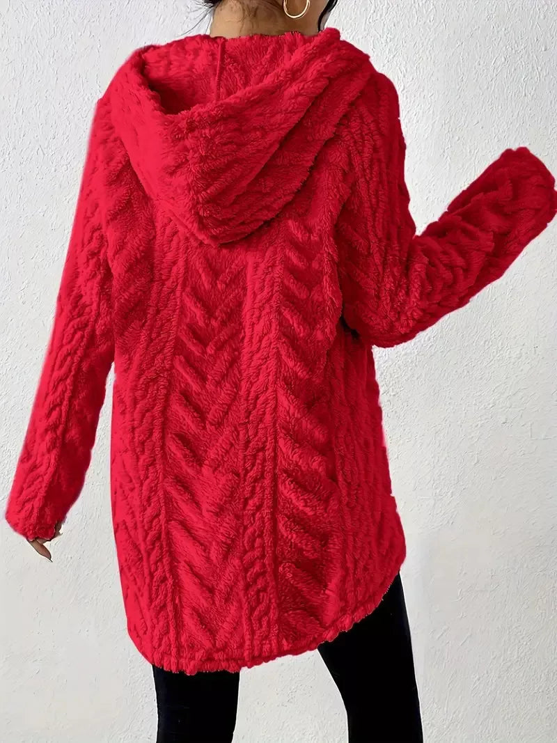 Textured cable-knit fleece pullover hoodie with drawstring