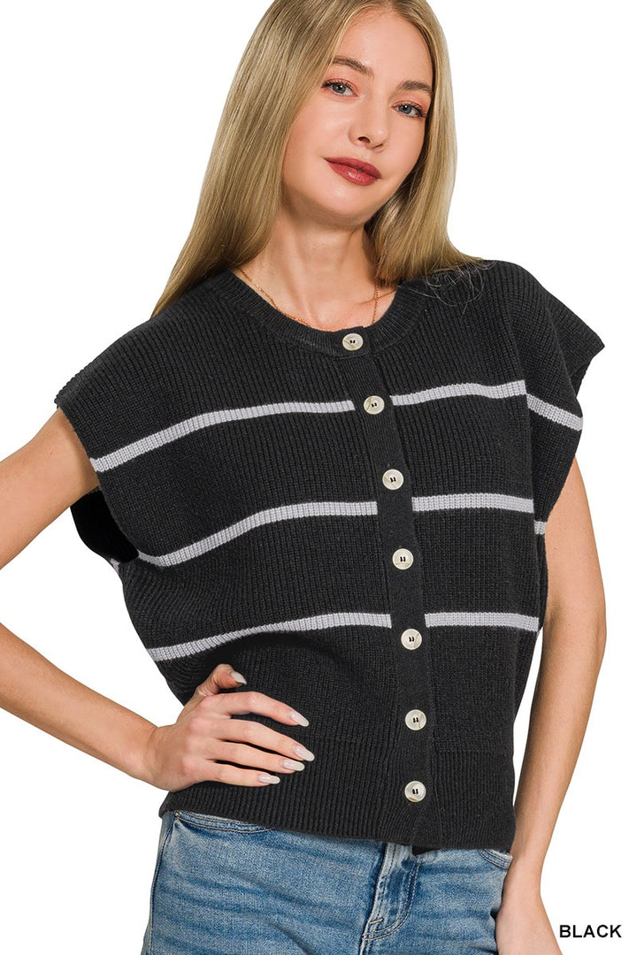 BLACK Ribbed striped sweater vest with button-down front