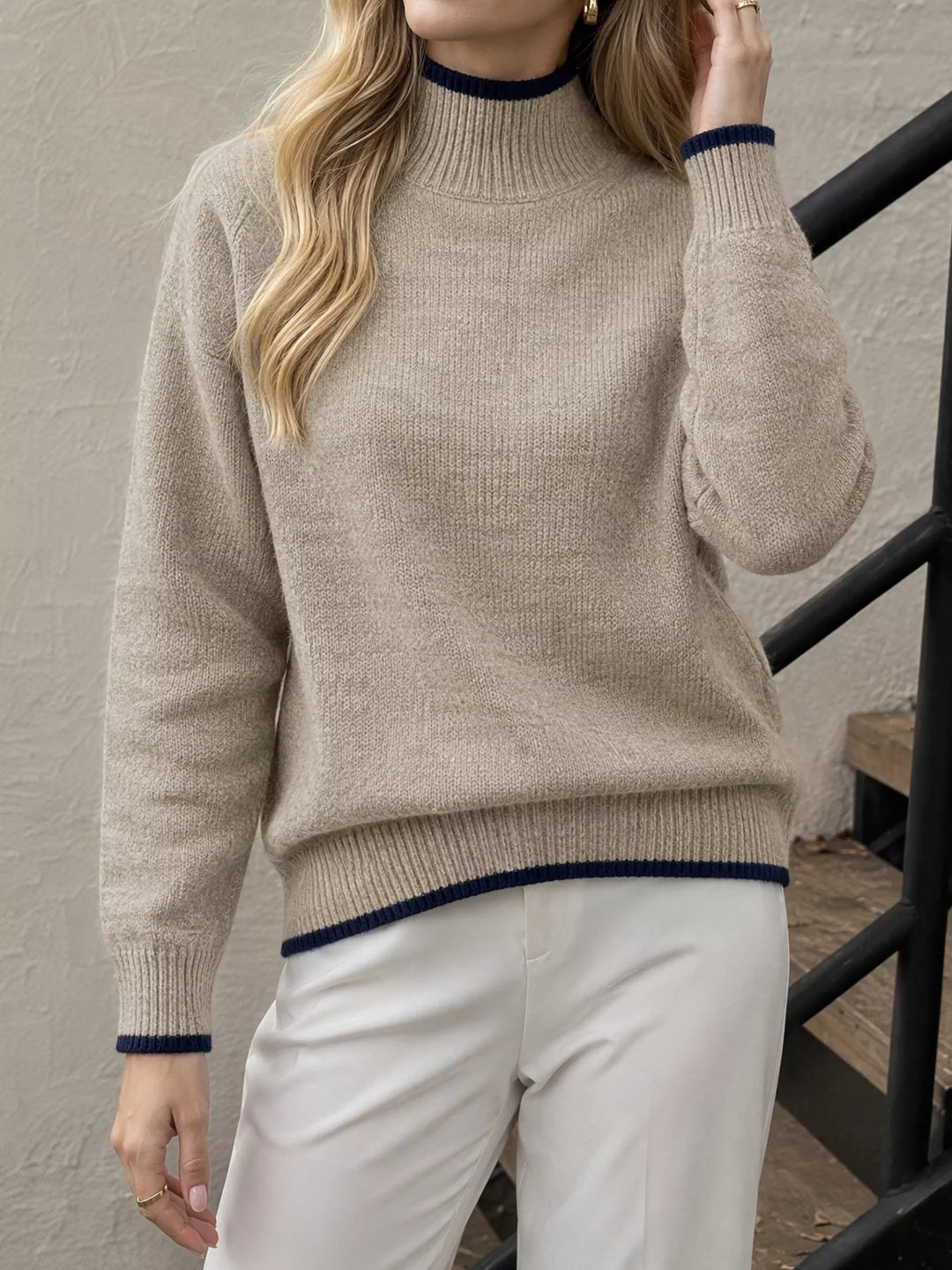 Khaki Contrast tipped mock neck sweater with ribbed trim