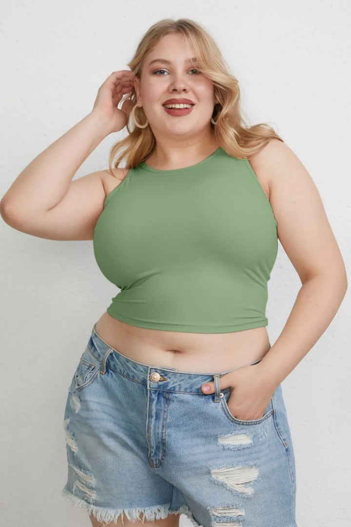 Slim-fit round neck tank top with high neckline