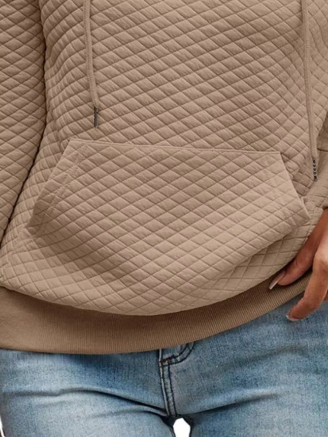 Diamond-textured drawstring pullover hoodie with button placket