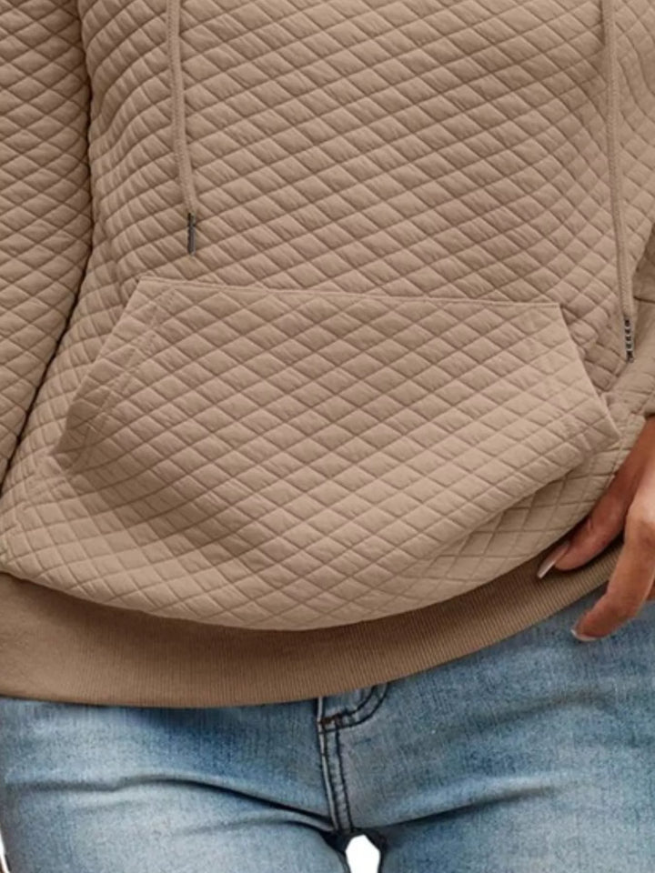 Diamond-textured drawstring pullover hoodie with button placket