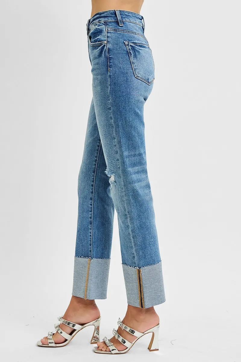Distressed high-rise straight-leg jeans with wide cuff