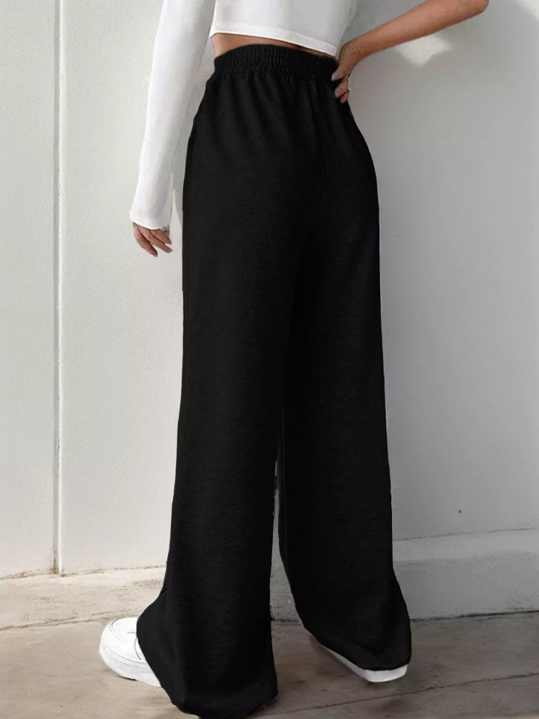High waist wide leg pull-on pants with V-notch waistband