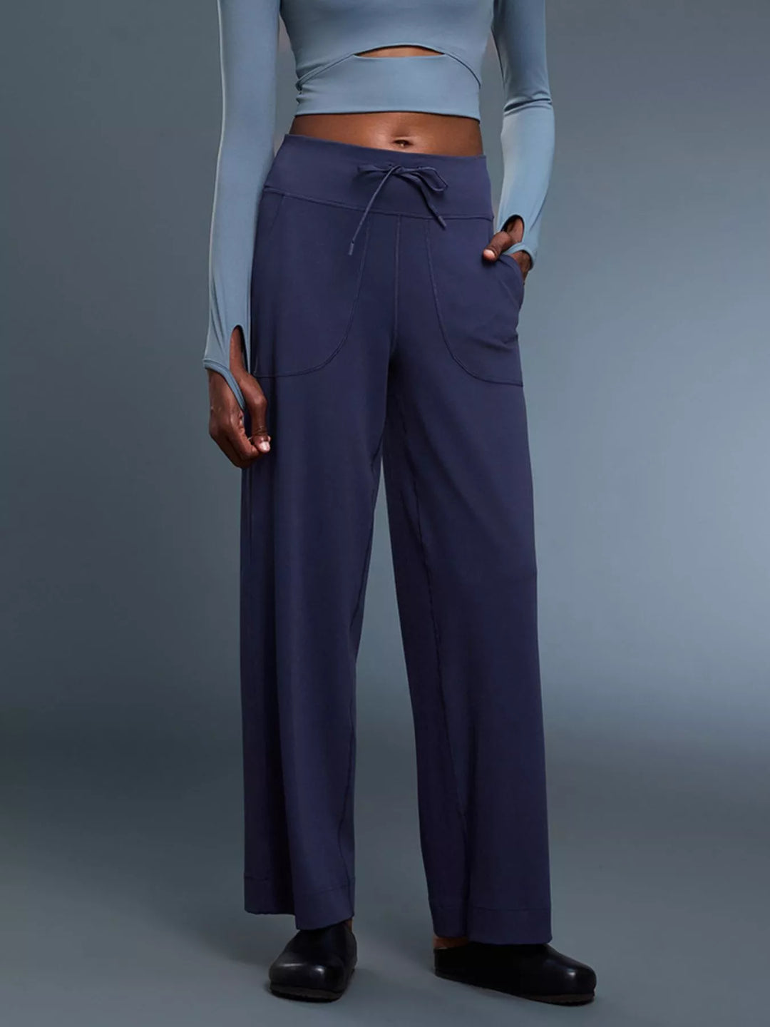 Dark Blue Wide-leg drawstring pants with curved front pockets