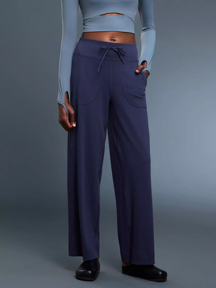 Dark Blue Wide-leg drawstring pants with curved front pockets