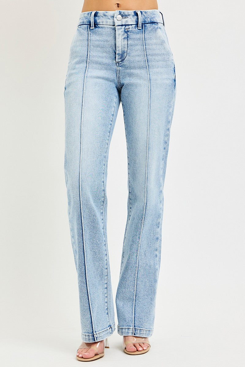 Pin tuck high rise straight leg jeans with tummy control