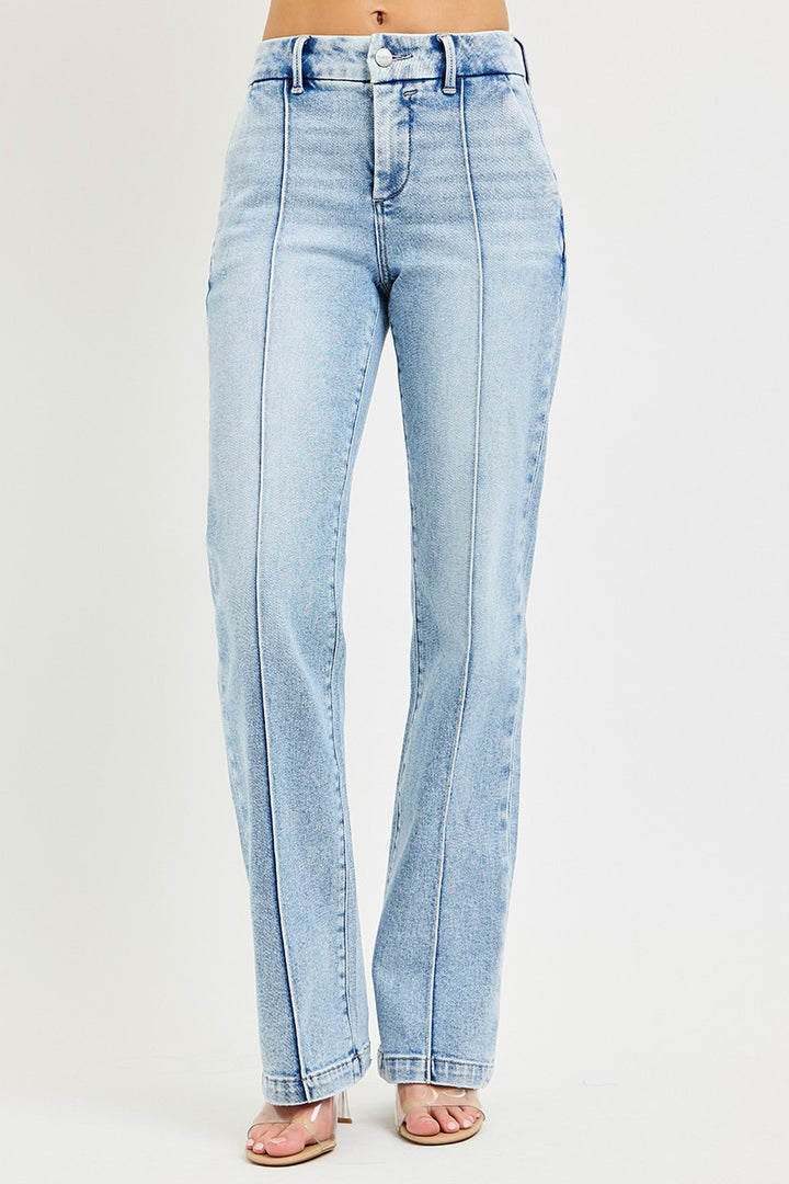 Pin tuck high rise straight leg jeans with tummy control