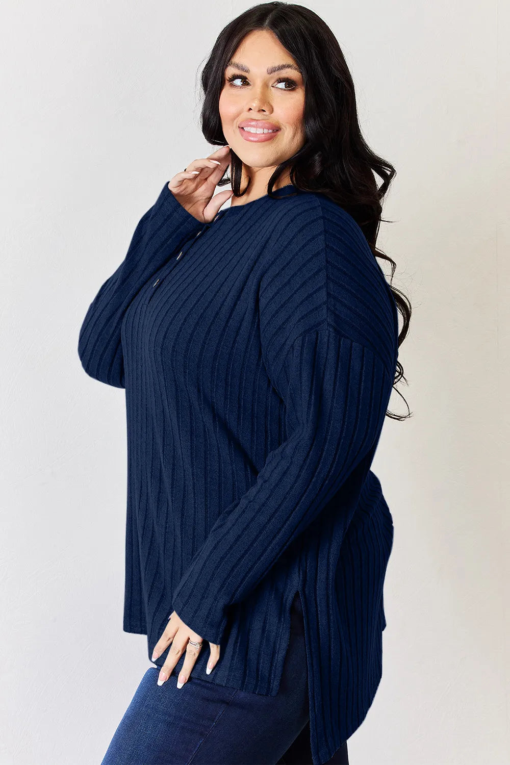 Ribbed knit half-button long sleeve high-low top