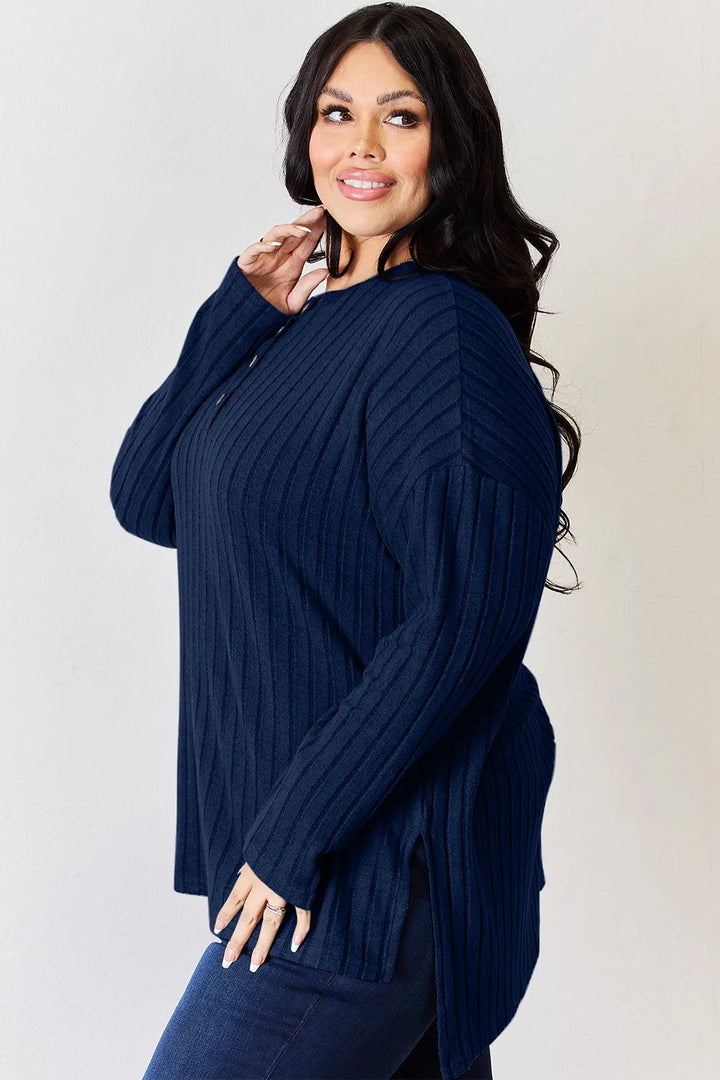 Ribbed knit half-button long sleeve high-low top