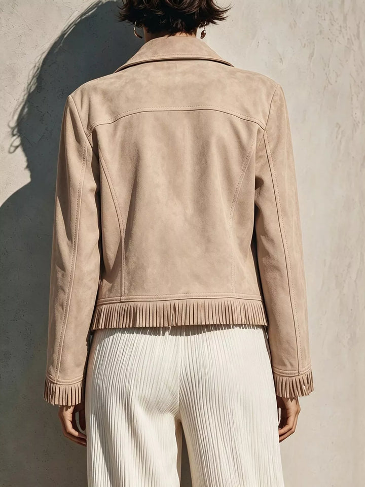 Fringe hem faux leather moto jacket with asymmetrical zip