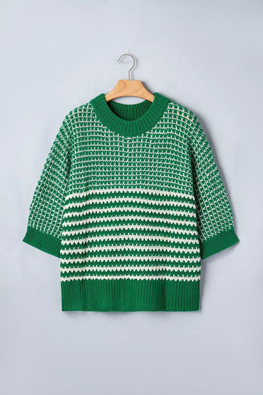 Striped textured knit sweater with drop shoulder sleeves