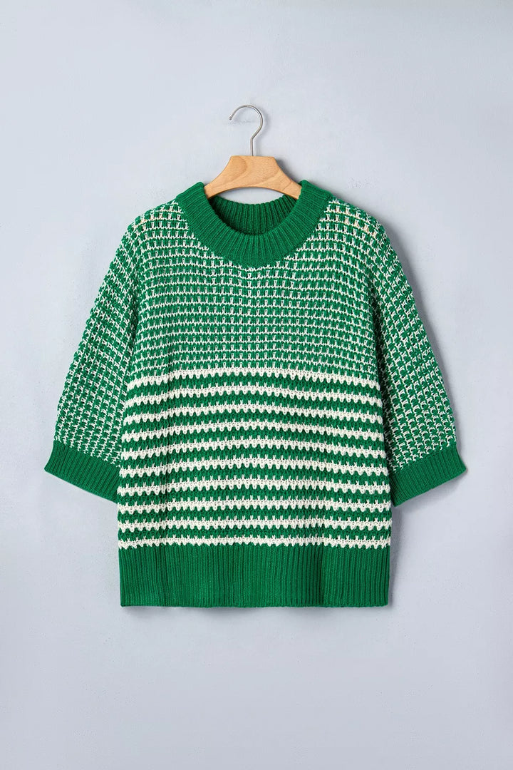 Striped textured knit sweater with drop shoulder sleeves