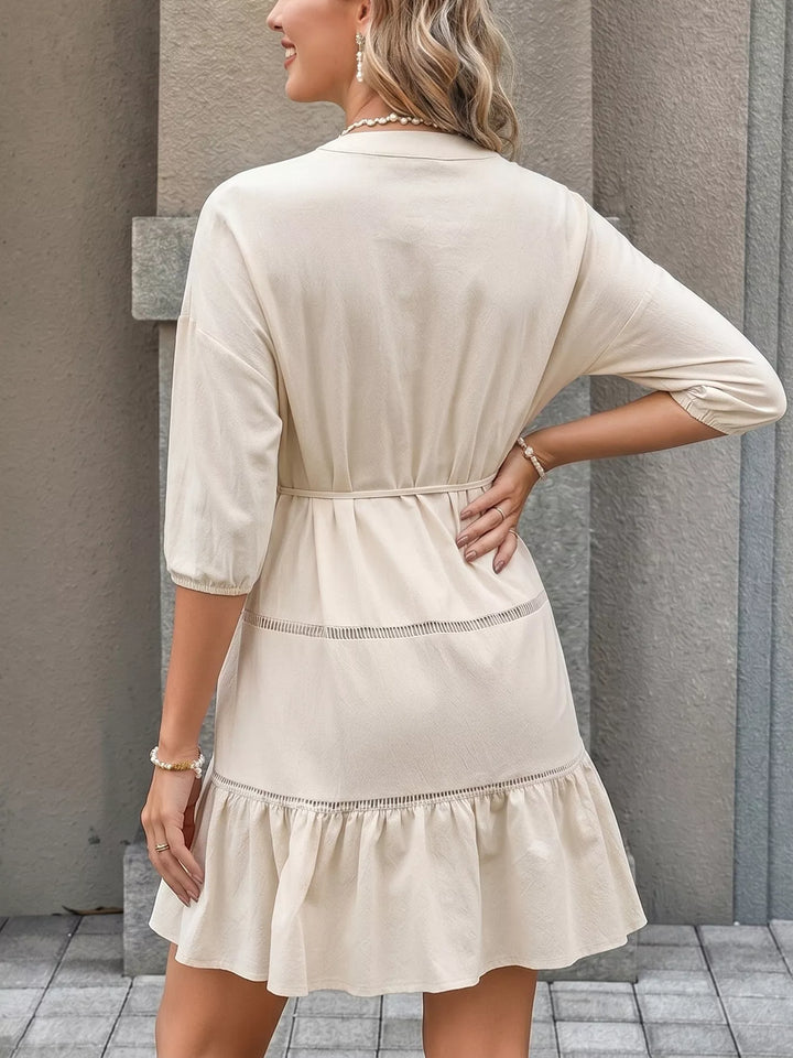 Button-front ruffle hem mini dress with tie waist