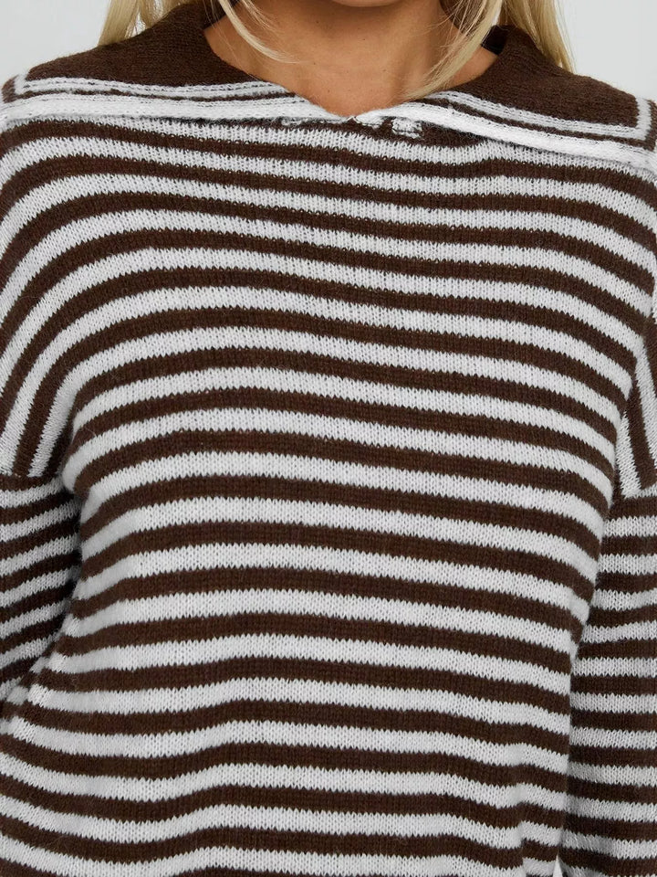 Striped knit collared sweater with dropped shoulders