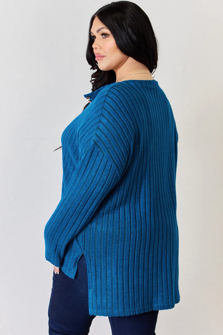 Ribbed knit half-button long sleeve high-low top
