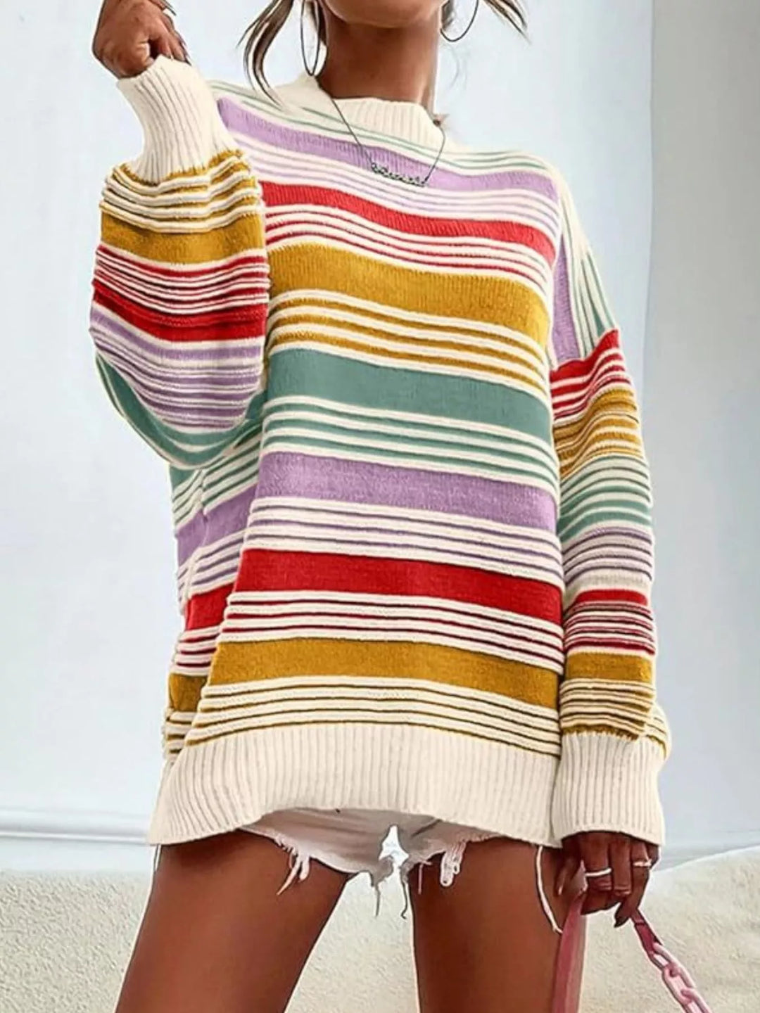 Striped mock neck relaxed knit pullover sweater