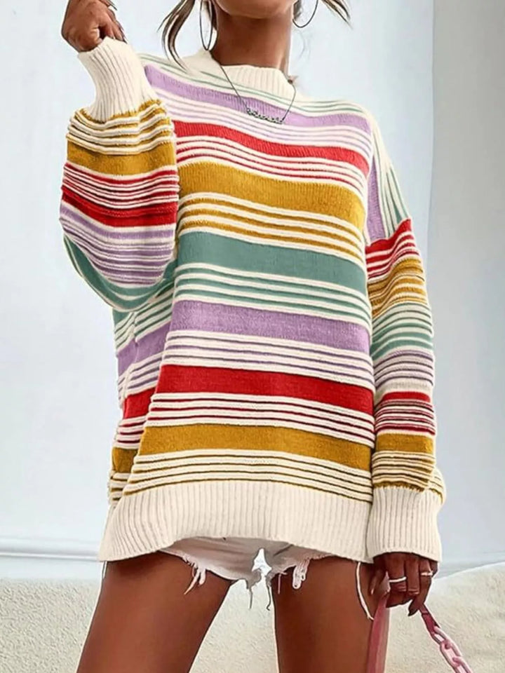 Striped mock neck relaxed knit pullover sweater