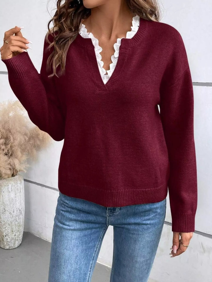 Wine Red Lace trim notch neck drop shoulder sweater