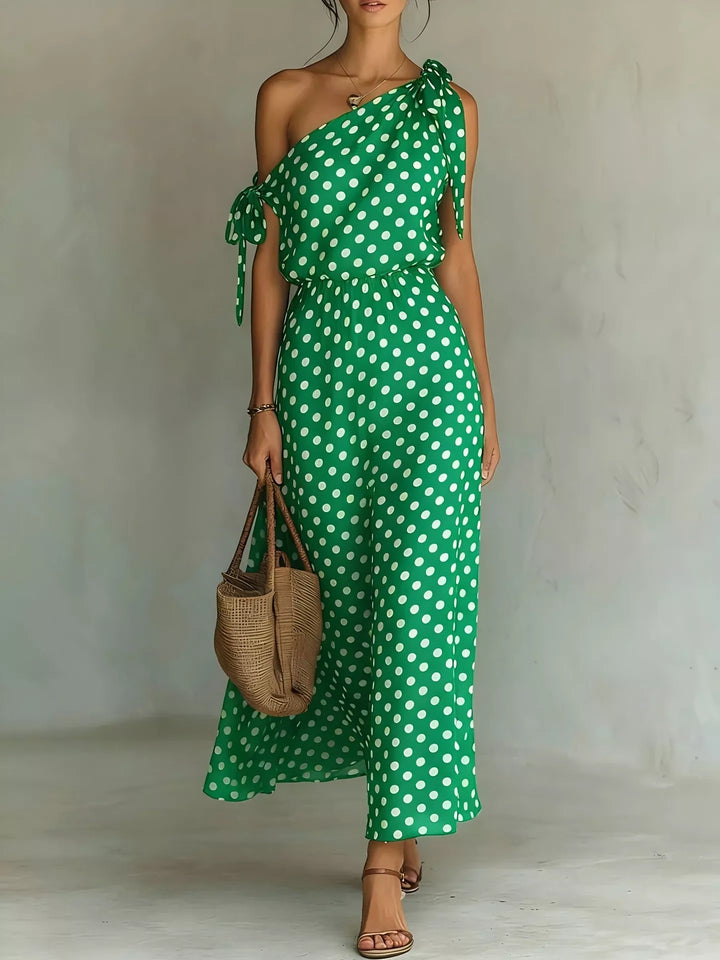Green Polka dot one-shoulder maxi dress with shoulder tie