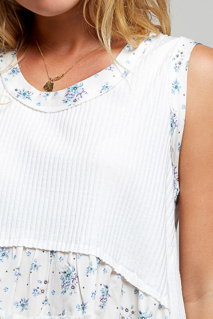 Ribbed tank with floral patch panel and gauze ruffle hem