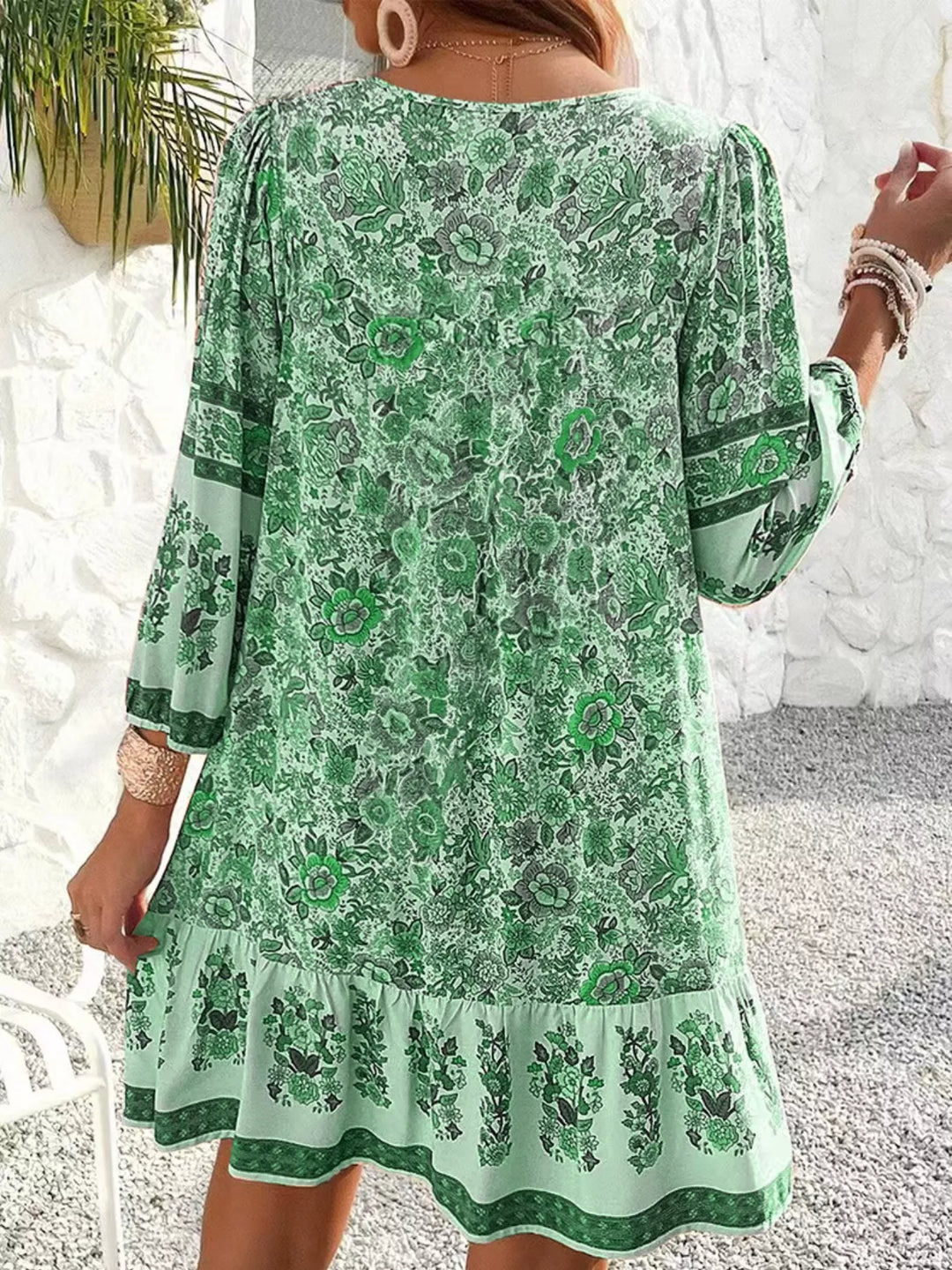 Boho floral v-neck mini dress with tassel tie and long sleeves