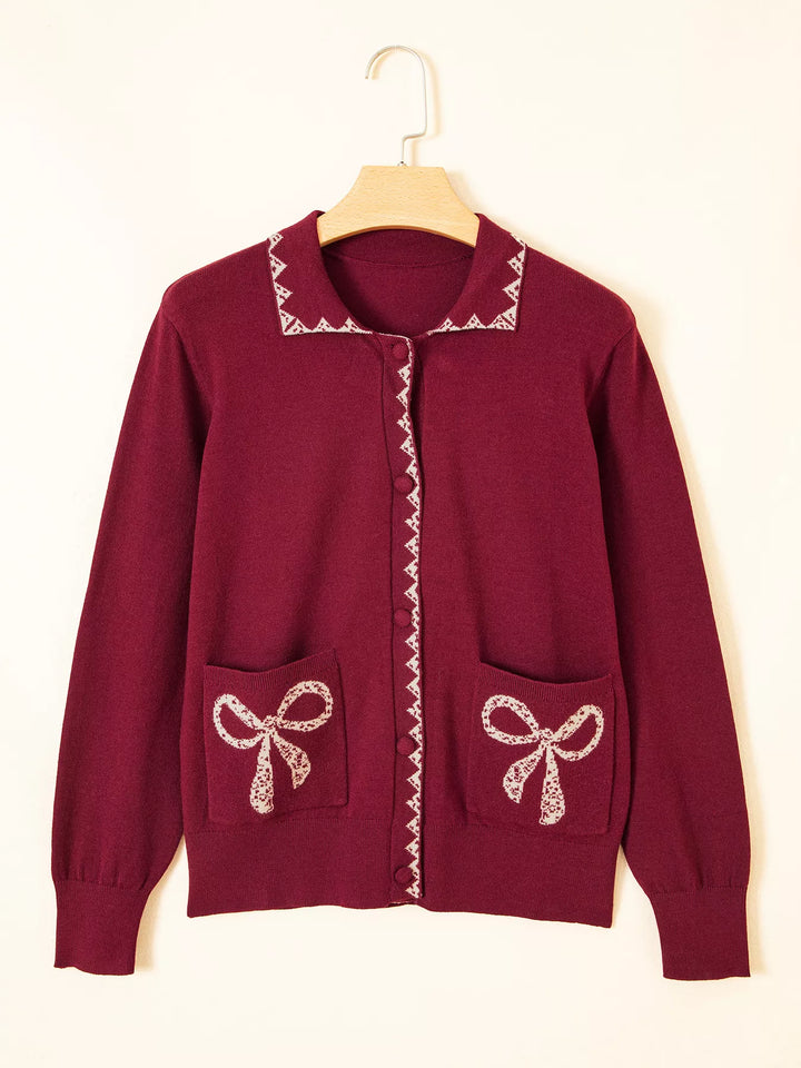 Lace trim bow pocket knit button-down cardigan