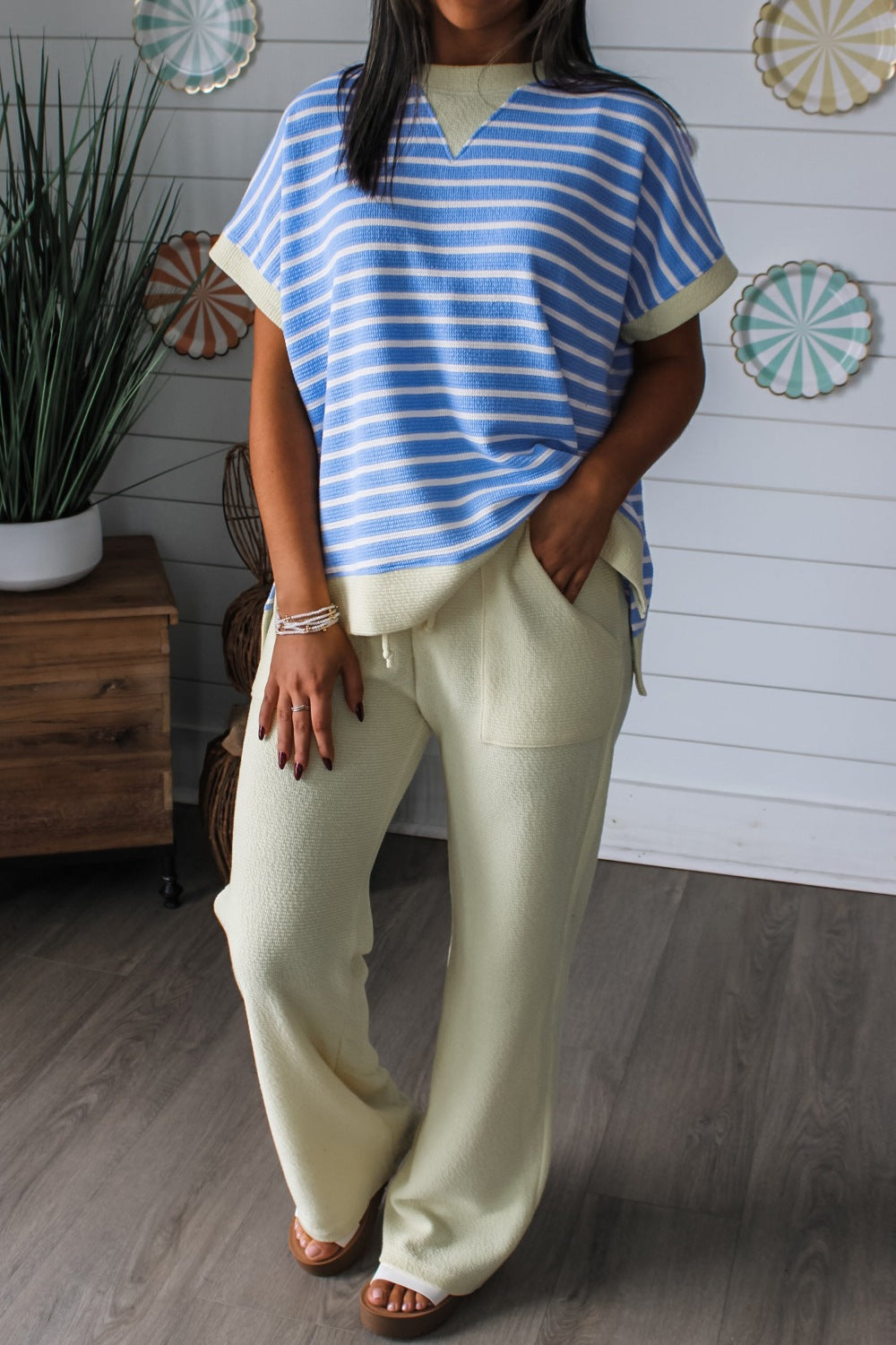 Striped short-sleeve V-neck top with contrast trim