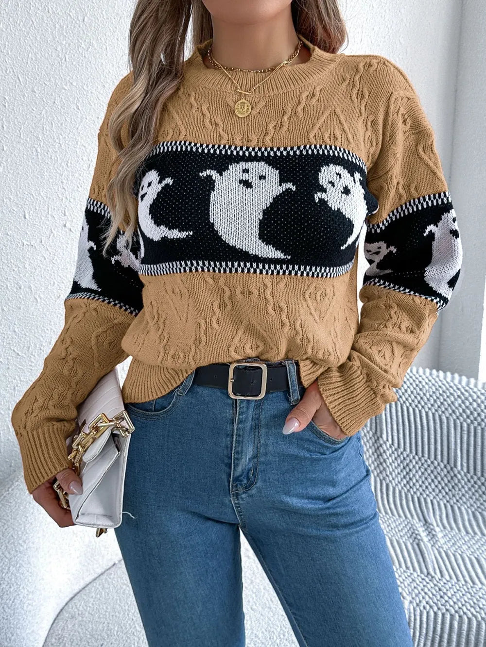 Ghost knit crew neck sweater with cable textured sleeves