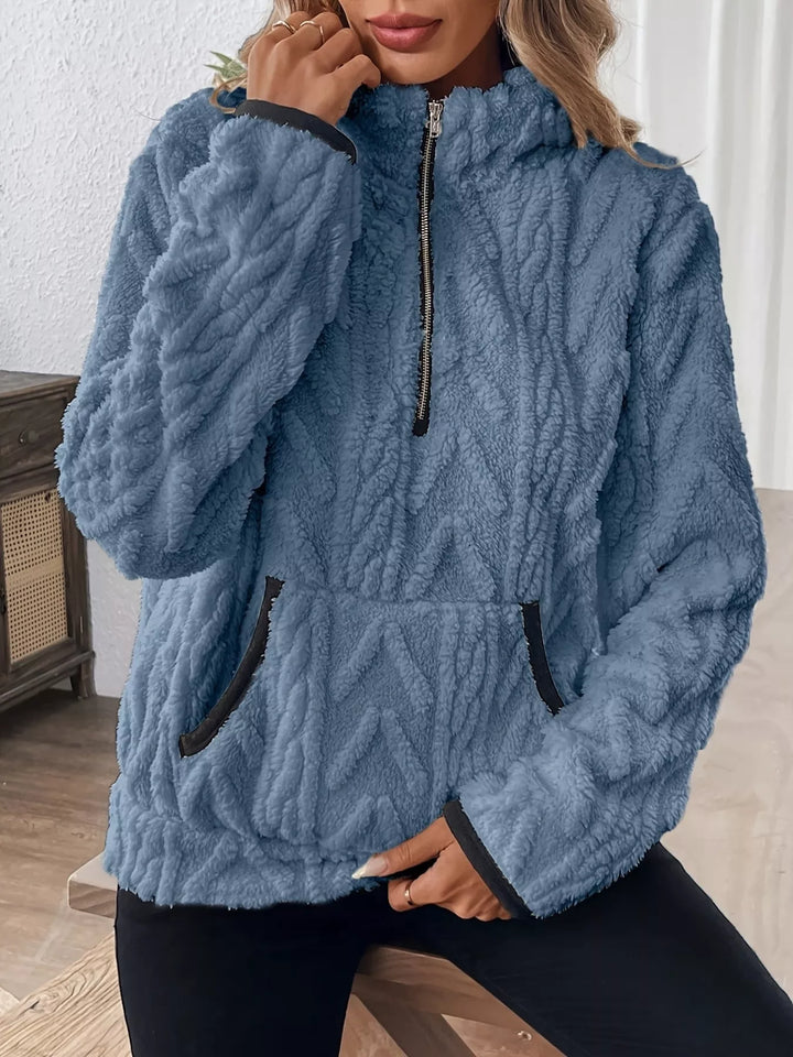 Blue Textured fleece half-zip pullover with kangaroo pocket