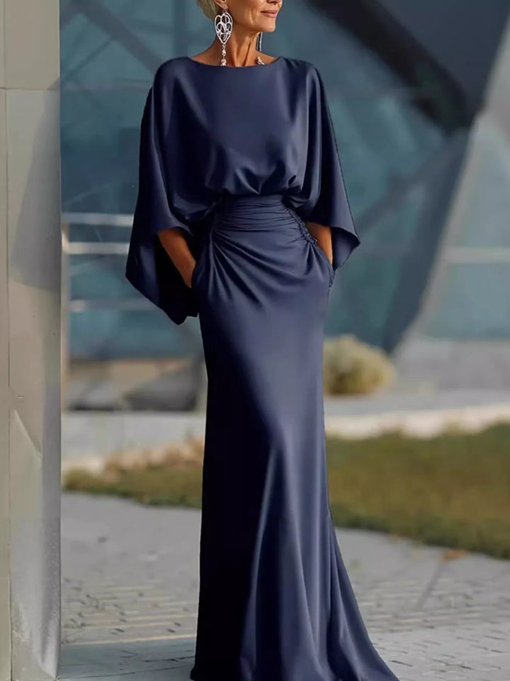 Navy Batwing sleeve maxi dress with ruched waist and pockets