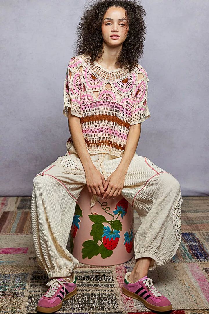 Openwork crochet short sleeve top with striped border