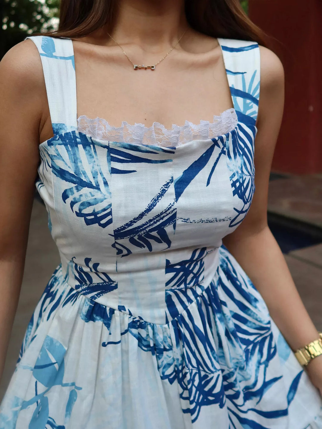 Tropical palm print tiered maxi dress with lace trim