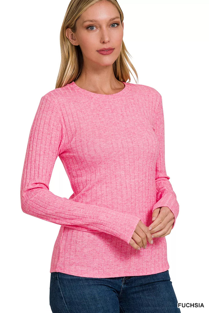 Ribbed knit long sleeve crew neck fitted top