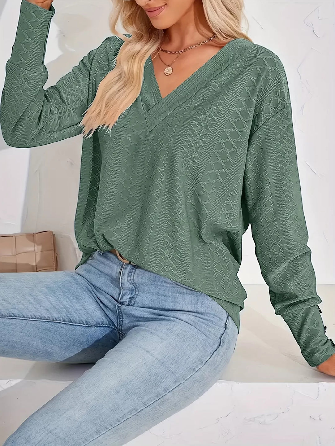 Army Green Plus size textured V-neck long sleeve top with button cuffs