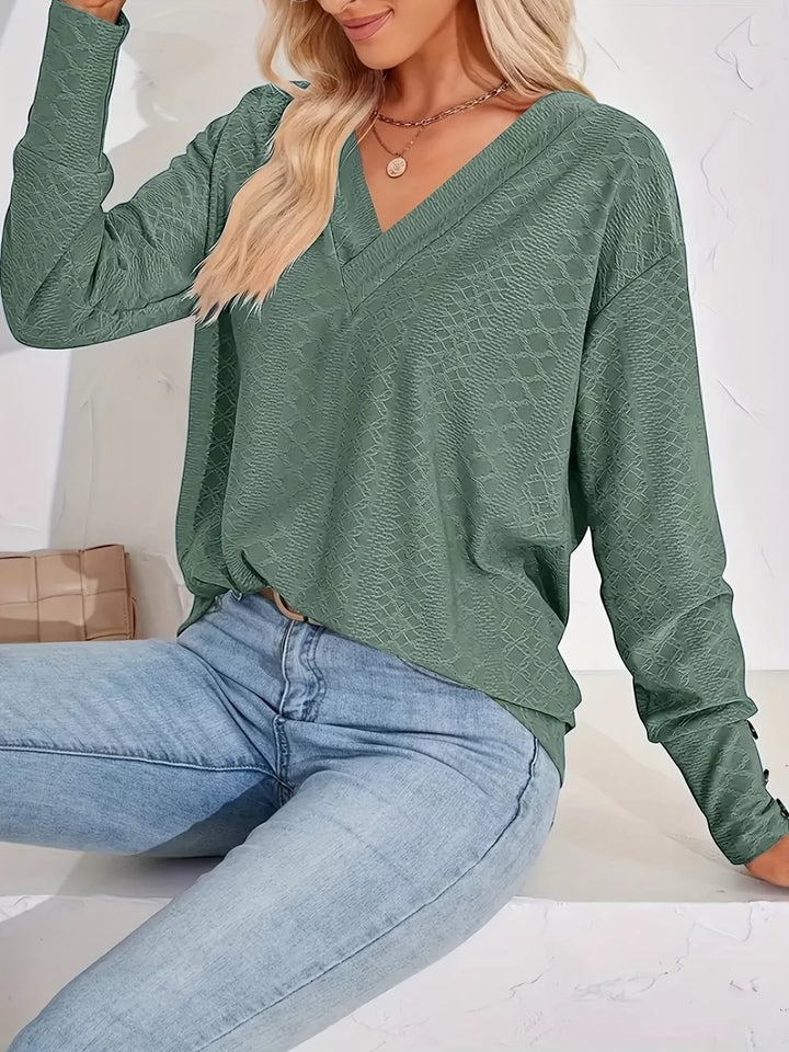 Army Green Plus size textured V-neck long sleeve top with button cuffs