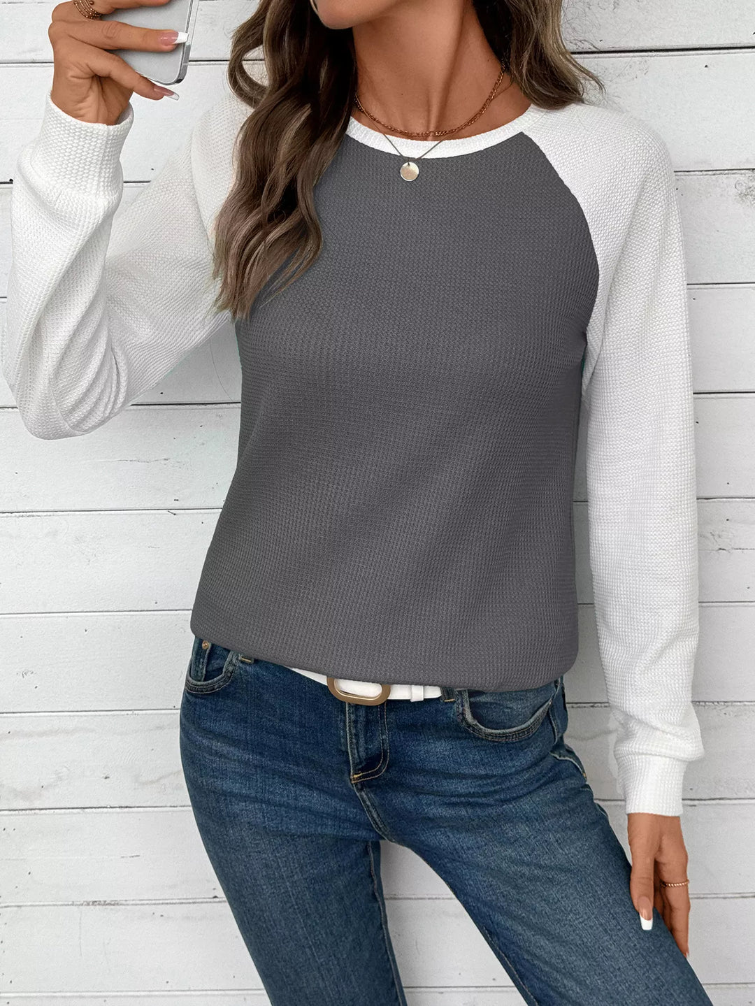 Contrast raglan waffle knit long sleeve top