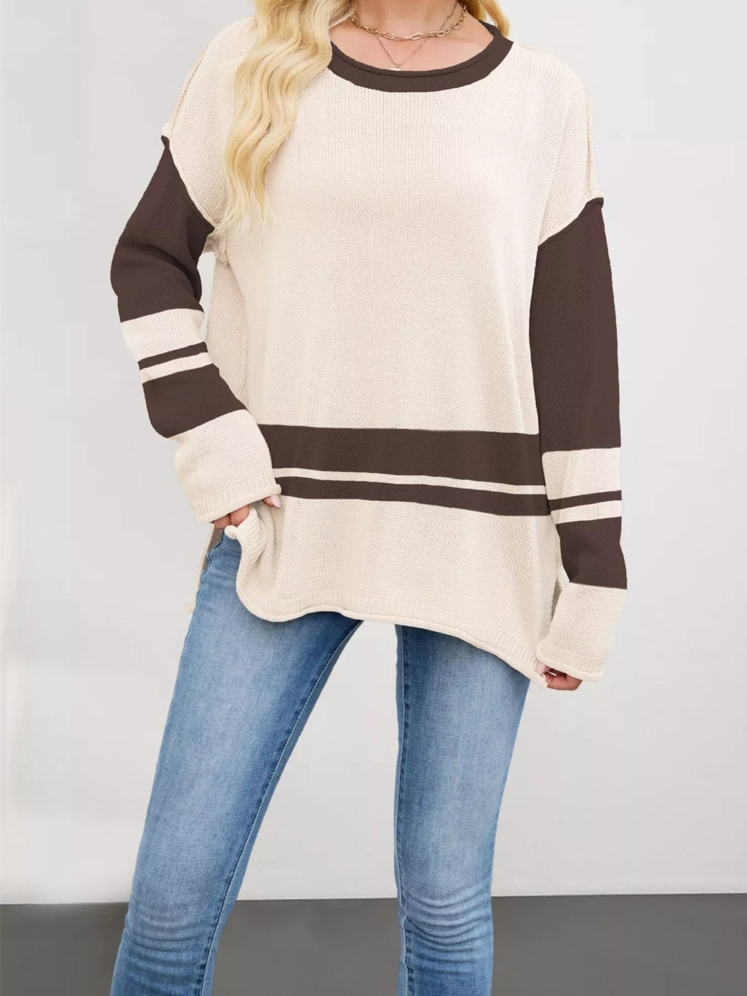 Apricot Striped colorblock drop shoulder sweater with side slits