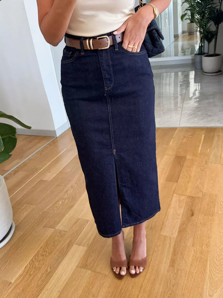Dark Blue High-rise denim midi skirt with center front slit