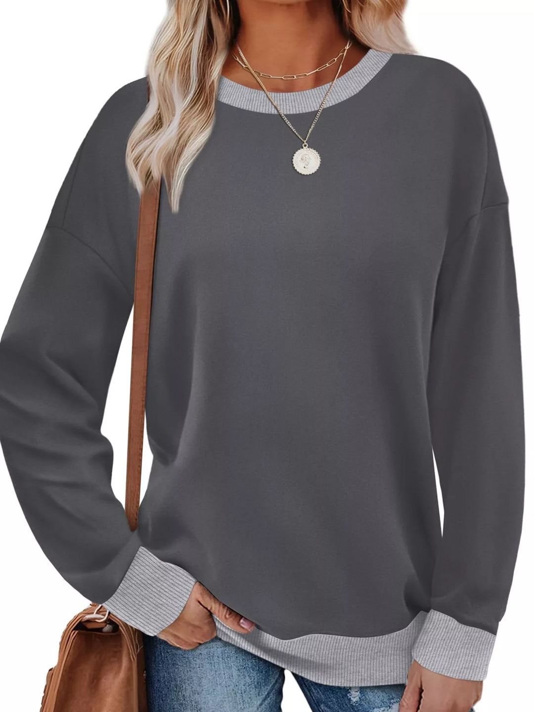 Grey Drop-shoulder crew neck sweatshirt with contrast ribbed trim