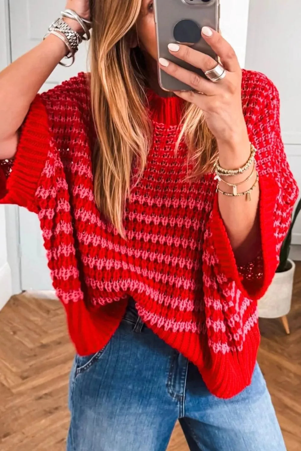 Orange-Red Striped open-knit crew neck sweater with half sleeves