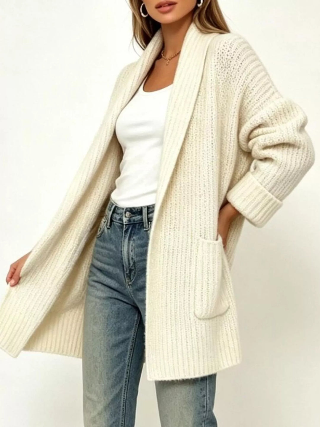 Beige Ribbed open-front cardigan with shawl collar and pockets