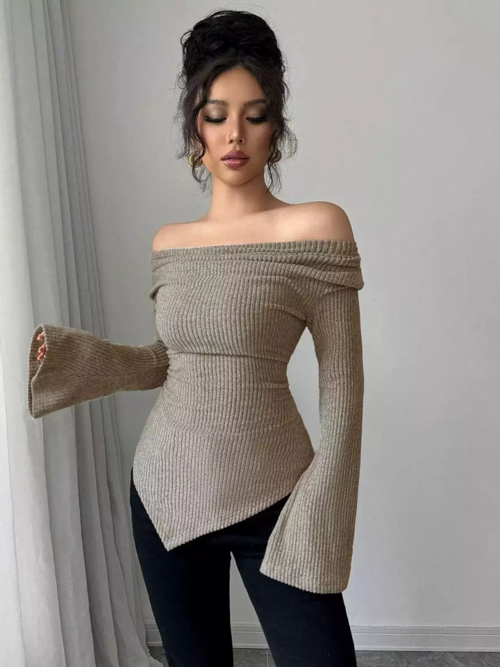 Cowl neck ribbed knit top with flare sleeves