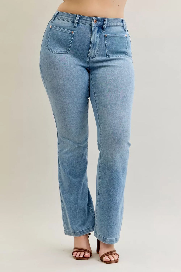Mid-rise contrast wash bootcut jeans with front patch pockets