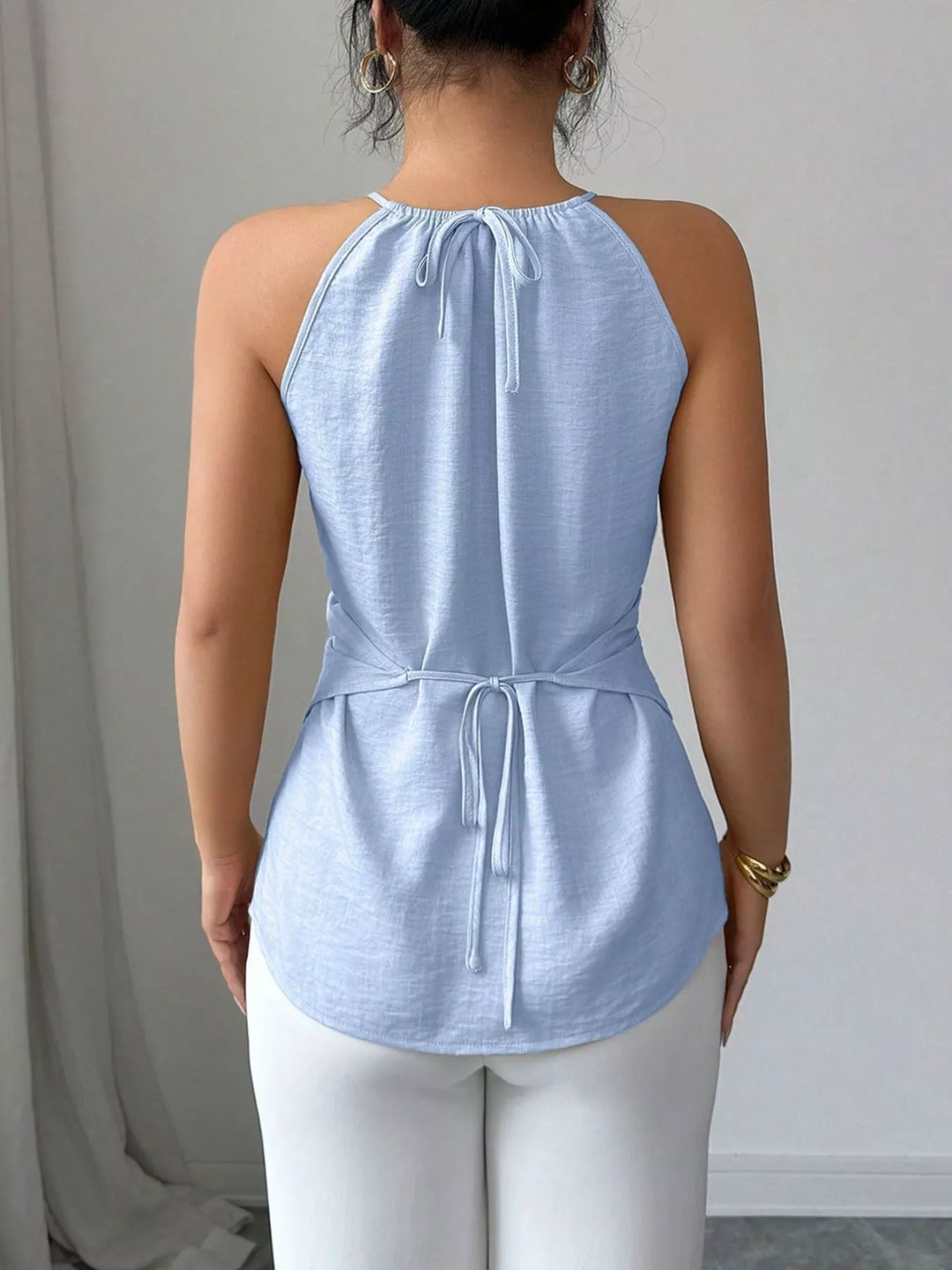 Crisscross wrap halter cami with bead neckline detail